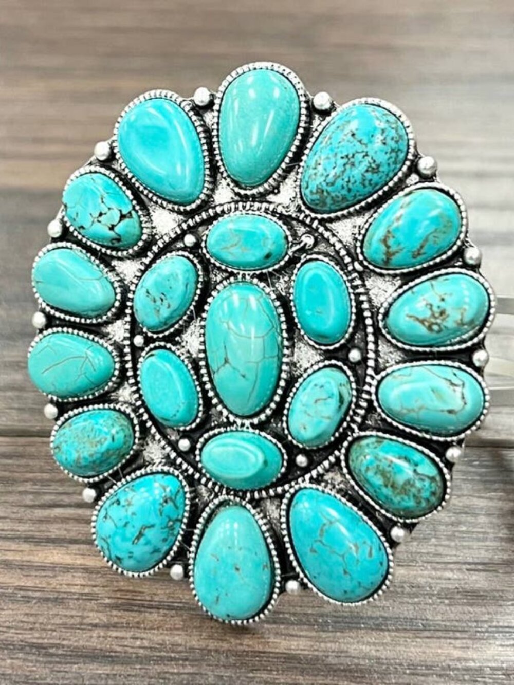 Turquoise Cluster Cuff Bracelet Western Boho Statement Silver Tone Wide
